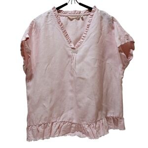 Soft Surroundings Womens PL Linen Top Ruffle V Neck Raw Hem Relaxed Cottage Boho